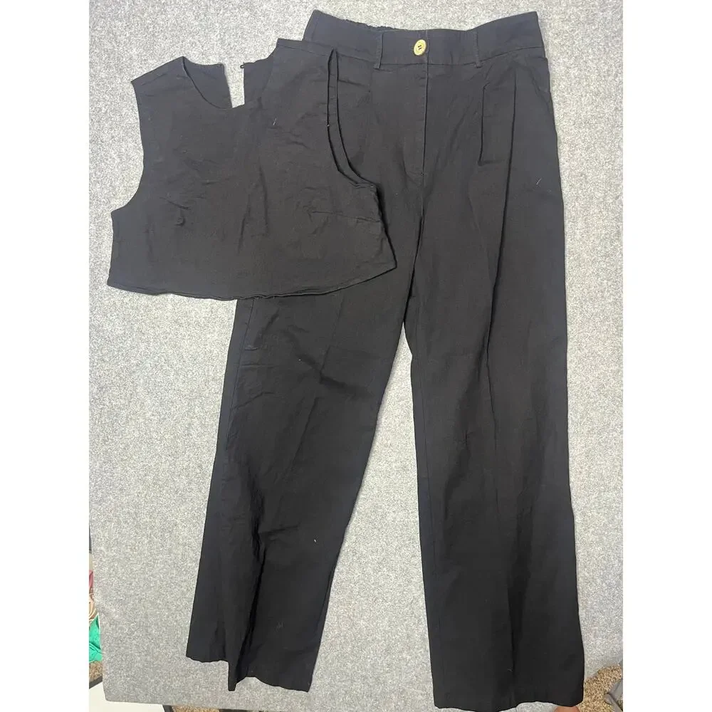 Commense Black Two Piece Set High Rise Wide Leg Pants Crop Top M - Picture 2 of 6
